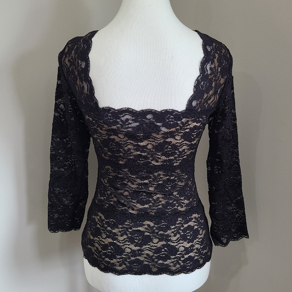 BEBE BLACK LACE WITH NUDE UNDERLAY TOP - Picture 6 of 7
